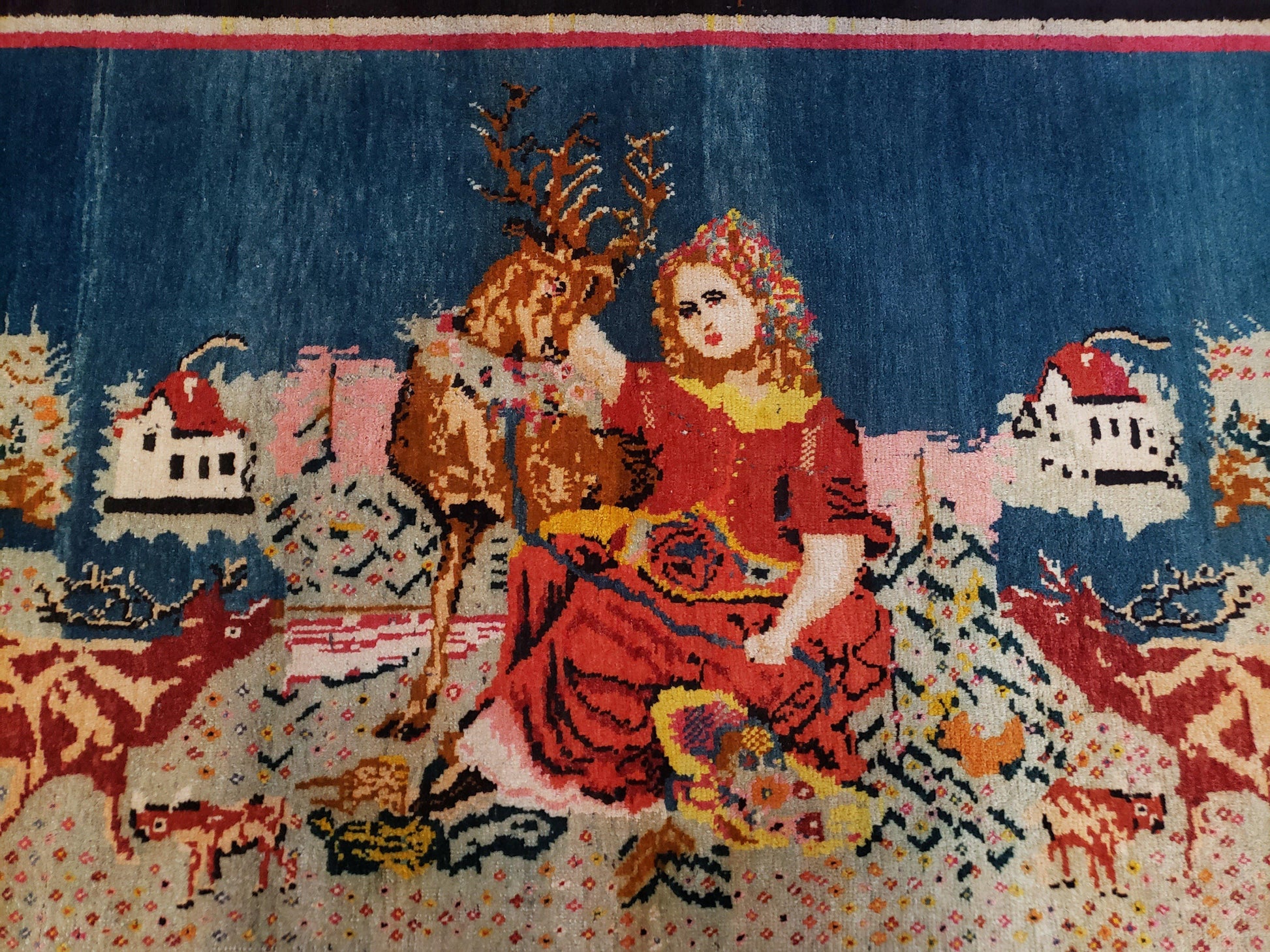Antique Persian Pictorial Rug 4'6" x 9', Wool Hand-Knotted Blue Roses Karabagh Caucasian Carpet, 1920s Girl Deer Tapestry Wall Hanging Rug - Nuvé