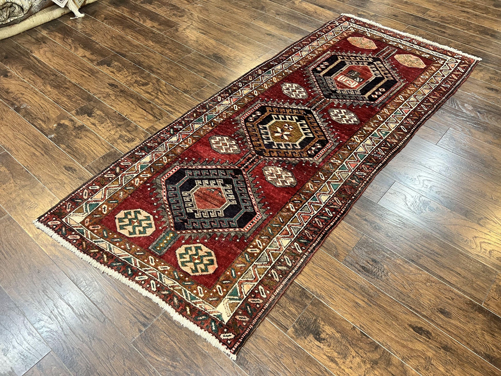 Persian Heriz Runner Rug 3.8 x 8.6, Geometric Design, Large Triple Medallions, Hand Knotted Handmade Vintage Wool Hallway Rug, Red - Nuvé