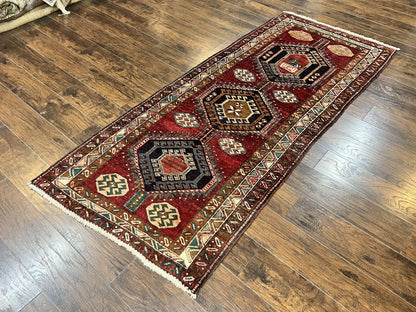 Persian Heriz Runner Rug 3.8 x 8.6, Geometric Design, Large Triple Medallions, Hand Knotted Handmade Vintage Wool Hallway Rug, Red - Nuvé