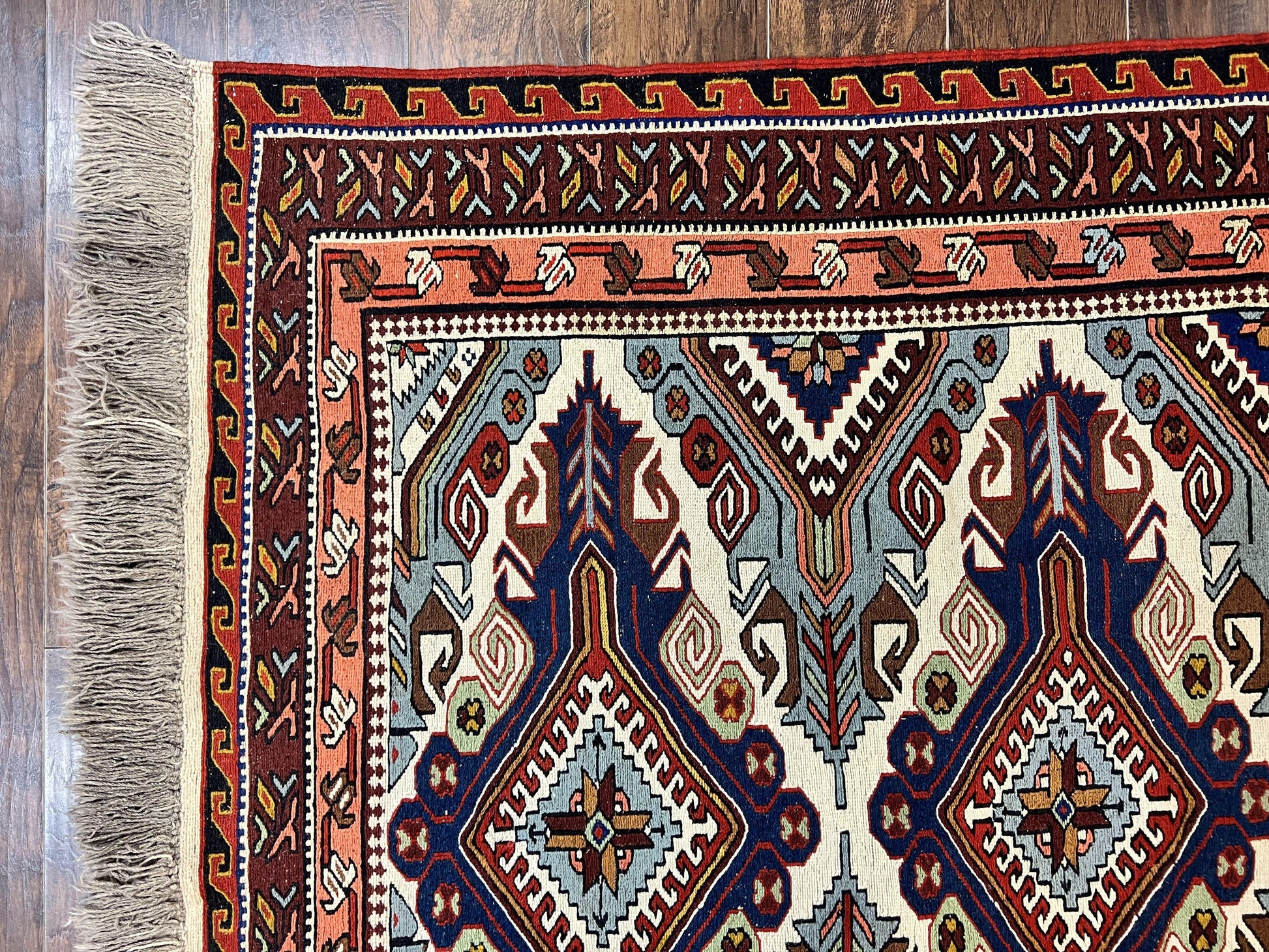 Russian Soumak Rug 6x8, Wool Handmade Antique Kilim Carpet, Multicolor 6 x 8 Geometric Medallions Caucasian Rug, Medium Size - Nuvé