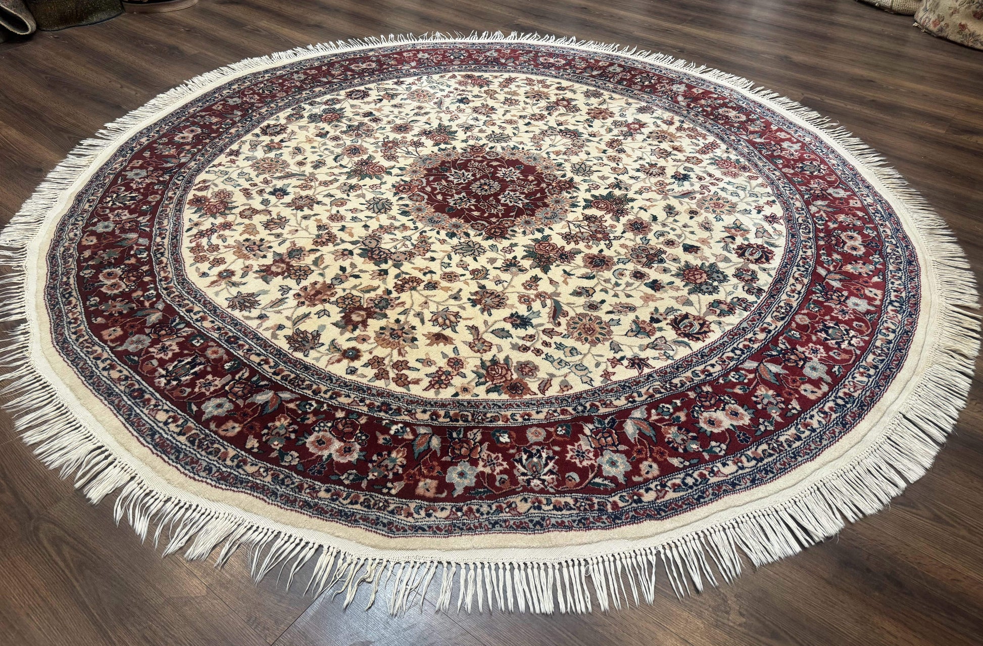 Round Sino Persian Rug 8x8, Wool and Silk, Floral Medallion, Ivory Dark Red - Nuvé
