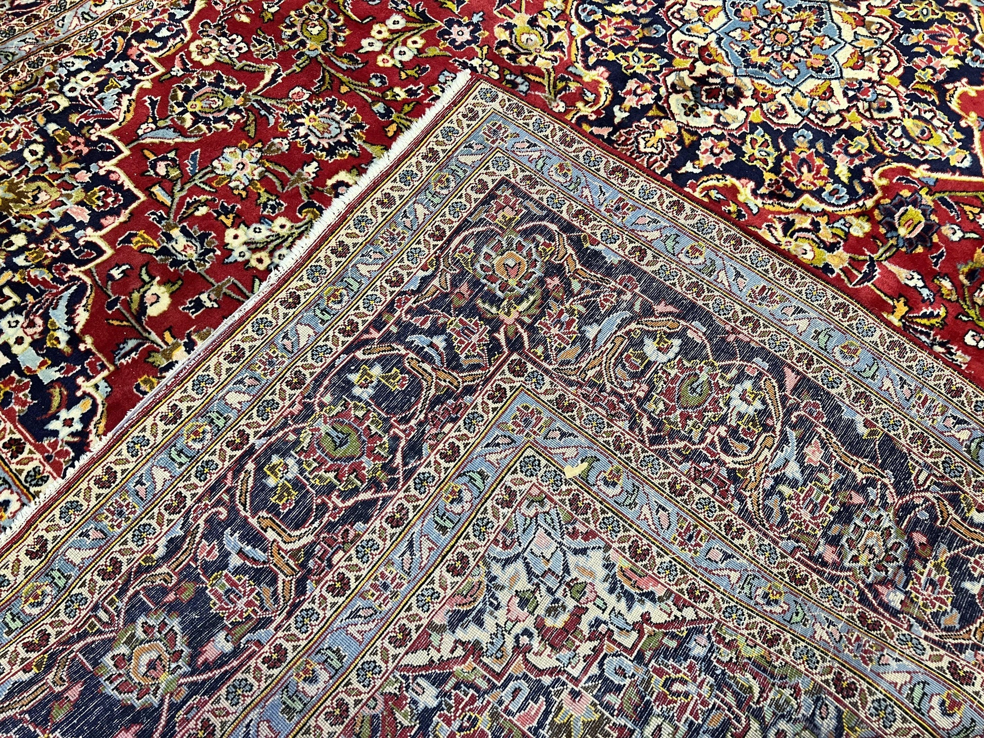 Persian Kashan Rug 9x12, Red Navy Blue, Allover Floral Medallion & Corner Design, Handmade Wool Oriental Carpet, Semi Antique Traditional Carpet - Nuvé