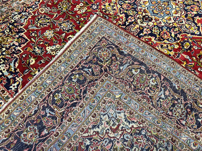 Persian Kashan Rug 9x12, Red Navy Blue, Allover Floral Medallion & Corner Design, Handmade Wool Oriental Carpet, Semi Antique Traditional Carpet - Nuvé