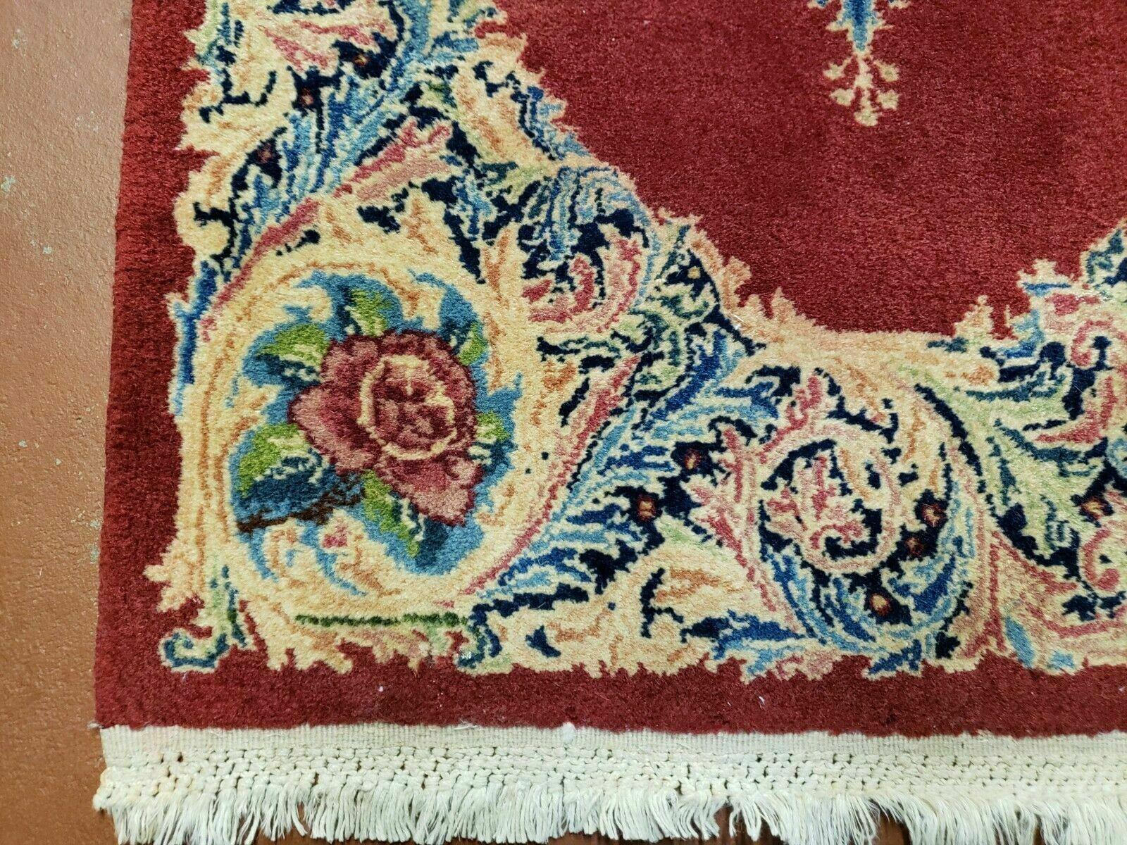 Small Persian Kirman Rug 2x4, Wool Oriental Vintage Handmade Carpet, Hand Knotted Floral Medallion, Red & Beige, Semi Open Field - Nuvé