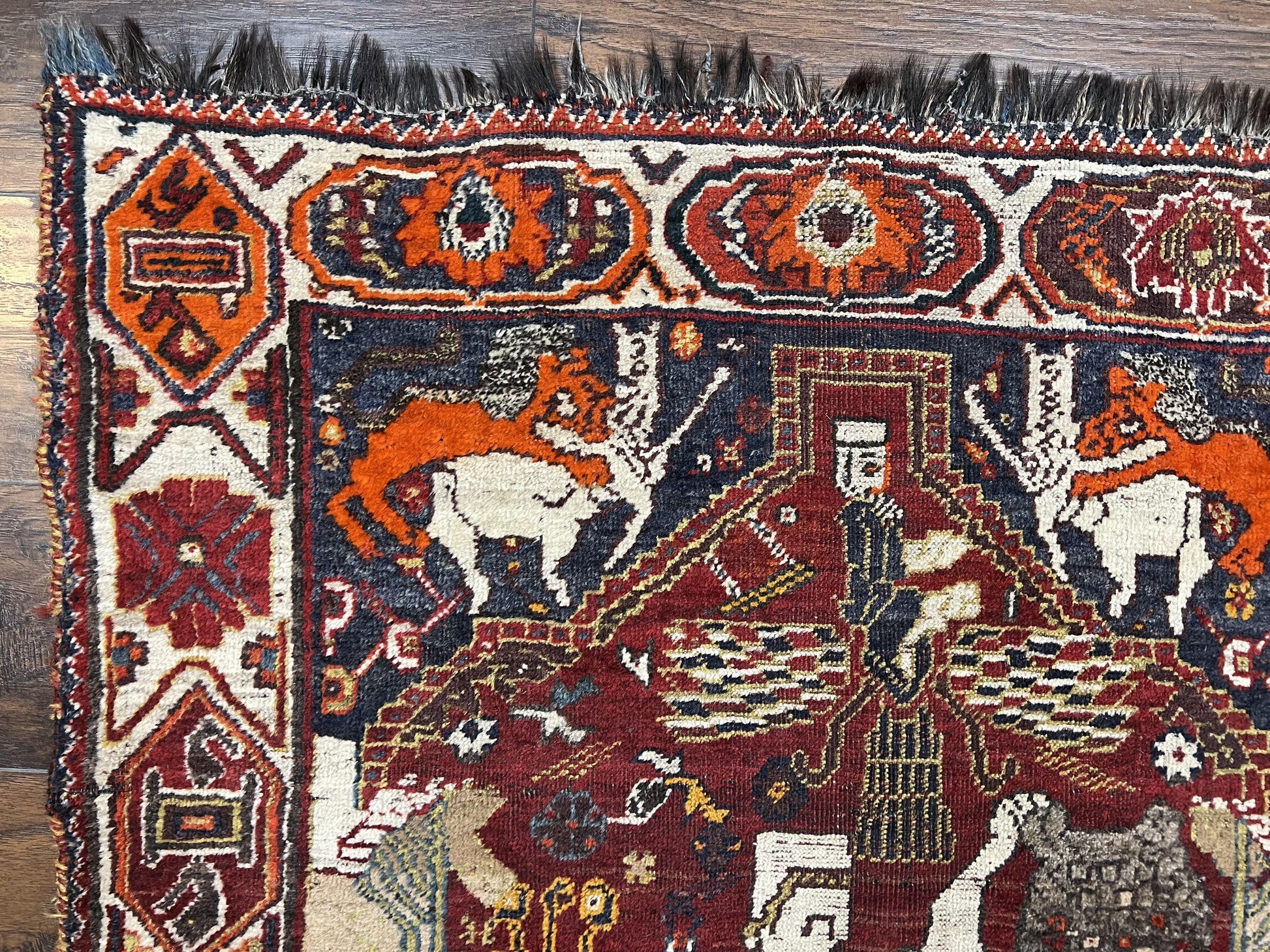 Antique Persian Shiraz Pictorial Rug 3.6 x 5, Persian Tribal Rug, Handmade, Lions, Highly Unique Collectible Small Persian Carpet, Maroon, Wool - Nuvé