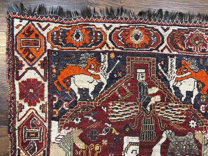 Antique Persian Shiraz Pictorial Rug 3.6 x 5, Persian Tribal Rug, Handmade, Lions, Highly Unique Collectible Small Persian Carpet, Maroon, Wool - Nuvé