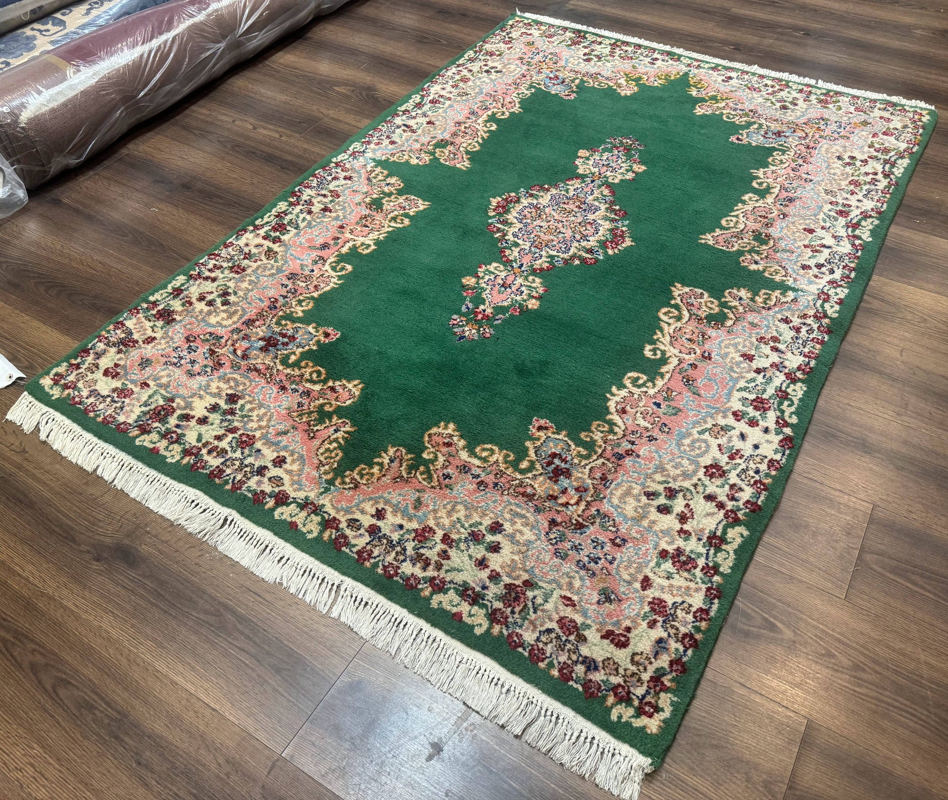 Green Persian Kerman Rug 4x6, Semi Open Field, Green & Cream, Vintage - Nuvé