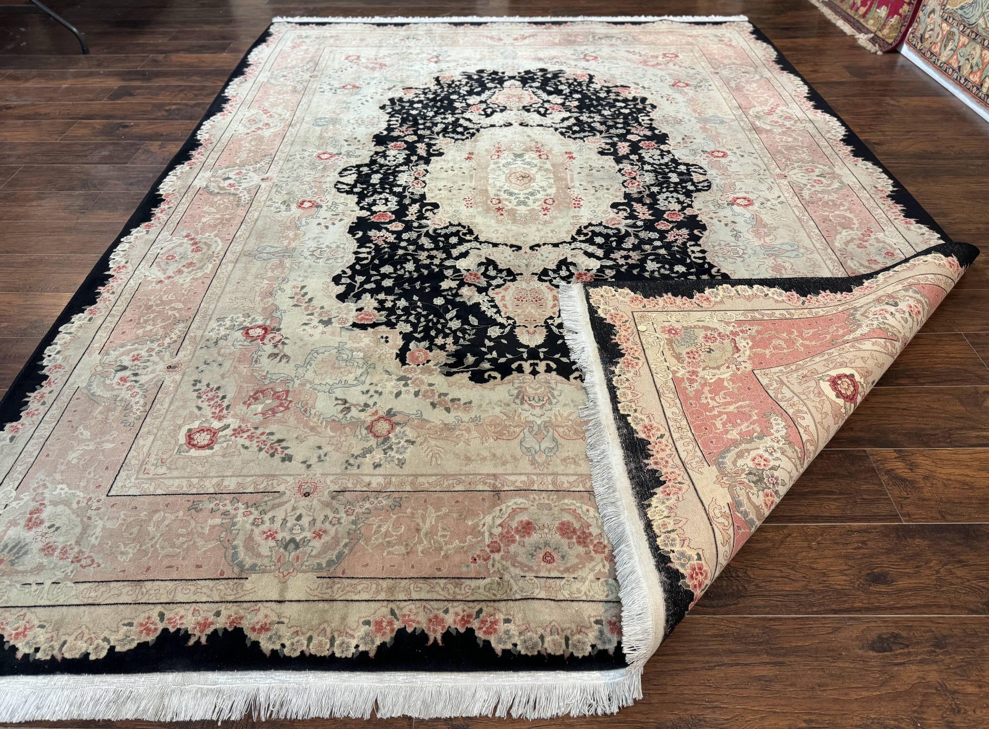 Pak Persian Tabriz Rug 8.6 x 11.6, Black Pink, Traditional Elegant Formal Oriental Carpet, Dining Room Rug, Fine 225 KPSI - Nuvé