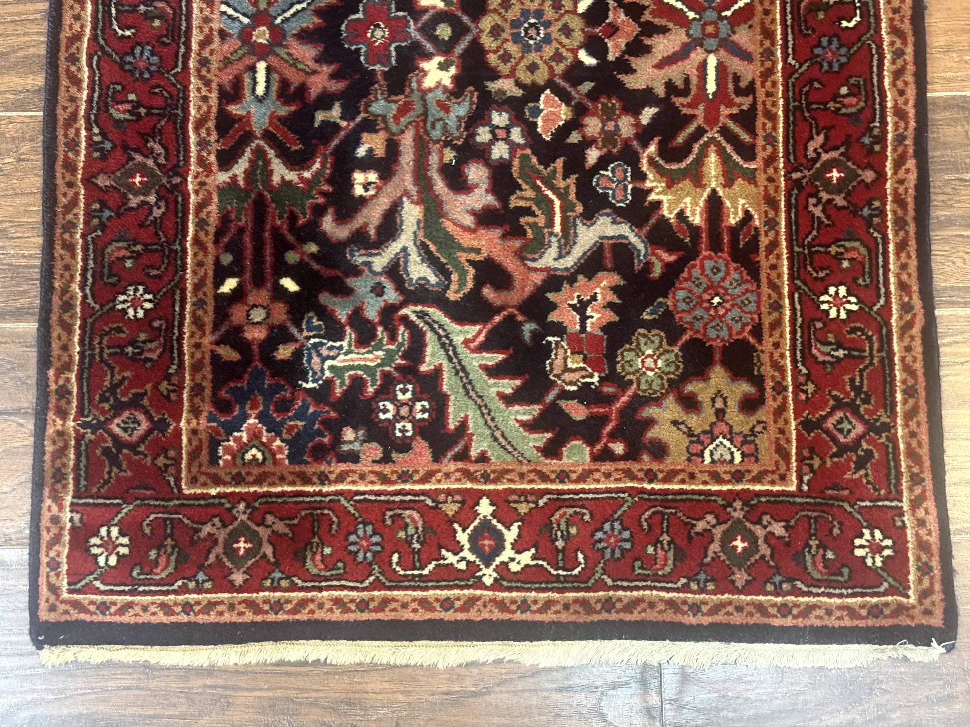 Indo Persian Runner Rug 2.7 x 13, Navy Blue and Red, Allover Floral, Wool, 13ft Runner - Nuvé