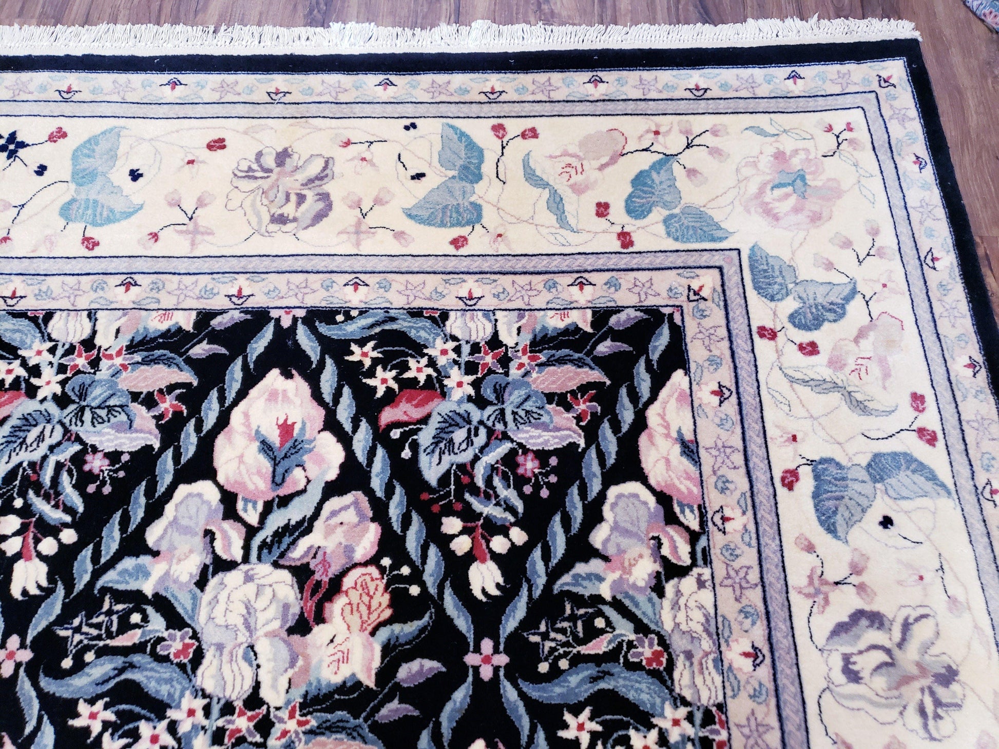 Black Kirman Rug, 8x11 - 9x12 Rug, Sino-Persian Rug, Floral Oriental Carpet, Handmade Rug, Black and Ivory Rug, Room Sized Area Rug, Wool - Nuvé
