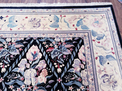 Black Kirman Rug, 8x11 - 9x12 Rug, Sino-Persian Rug, Floral Oriental Carpet, Handmade Rug, Black and Ivory Rug, Room Sized Area Rug, Wool - Nuvé