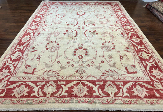 Peshawar Rug 8x12 Pakistani Carpet, Oriental Rug 8 x 12 Chobi Rug, Beige and Red, Allover Large Floral Design, Hand Knotted Vintage Wool - Nuvé
