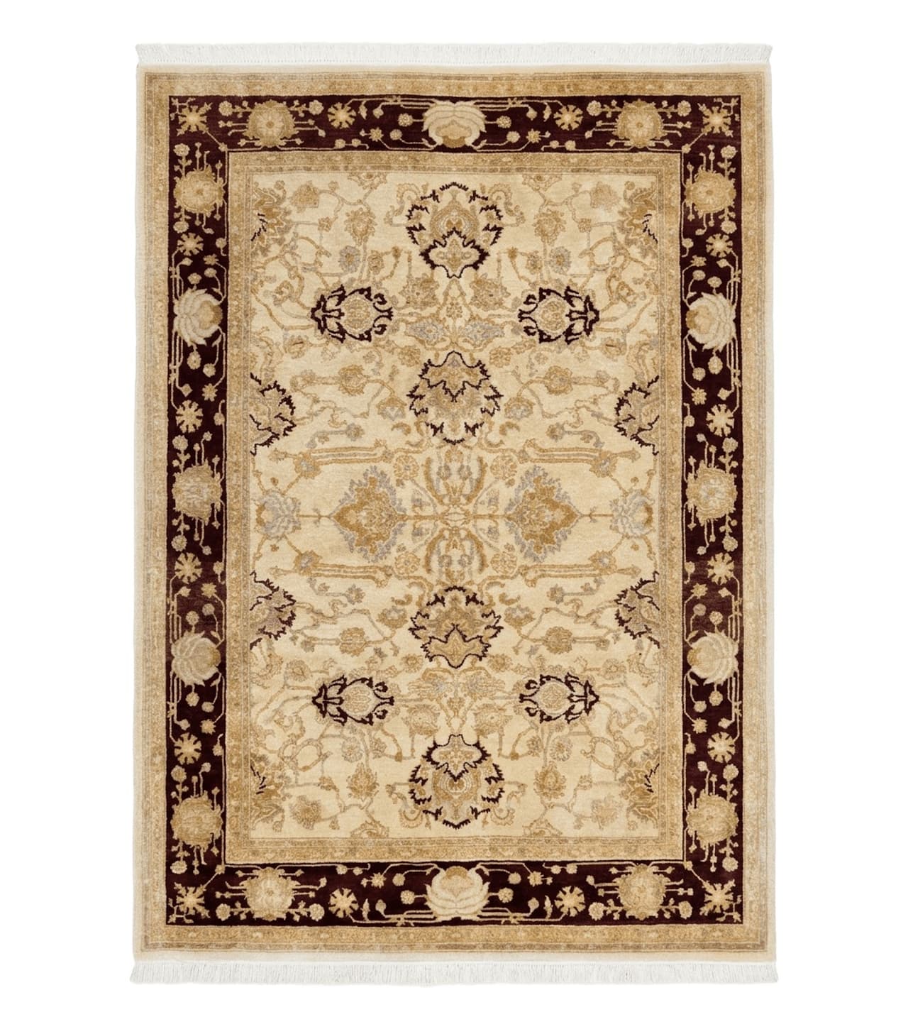 Peshawar Rug 5x7, Beige and Maroon, Vintage Handmade Wool Traditional Carpet 5 x 7 ft, Pakistani Rug, Agra Pattern, Very Fine 260 KPSI