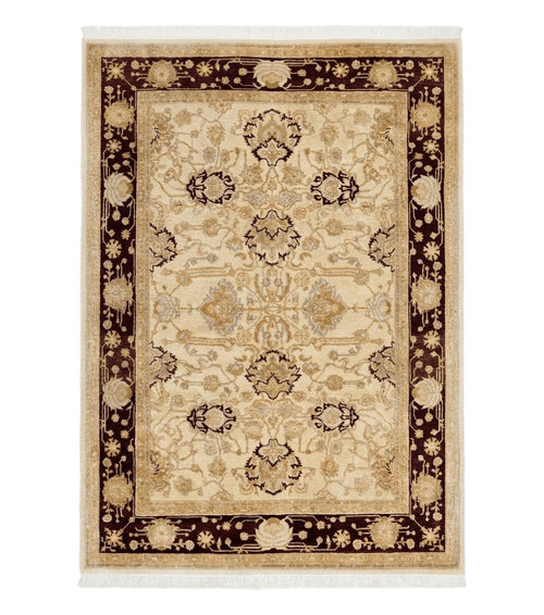 Peshawar Rug 5x7, Beige and Maroon, Vintage Handmade Wool Traditional Carpet 5 x 7 ft, Pakistani Rug, Agra Pattern, Very Fine 260 KPSI