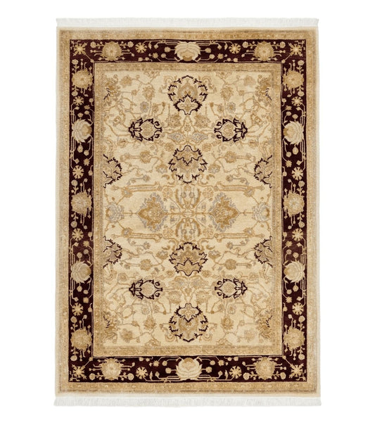 Peshawar Rug 5x7, Beige and Maroon, Vintage Handmade Wool Traditional Carpet 5 x 7 ft, Pakistani Rug, Agra Pattern, Very Fine 260 KPSI