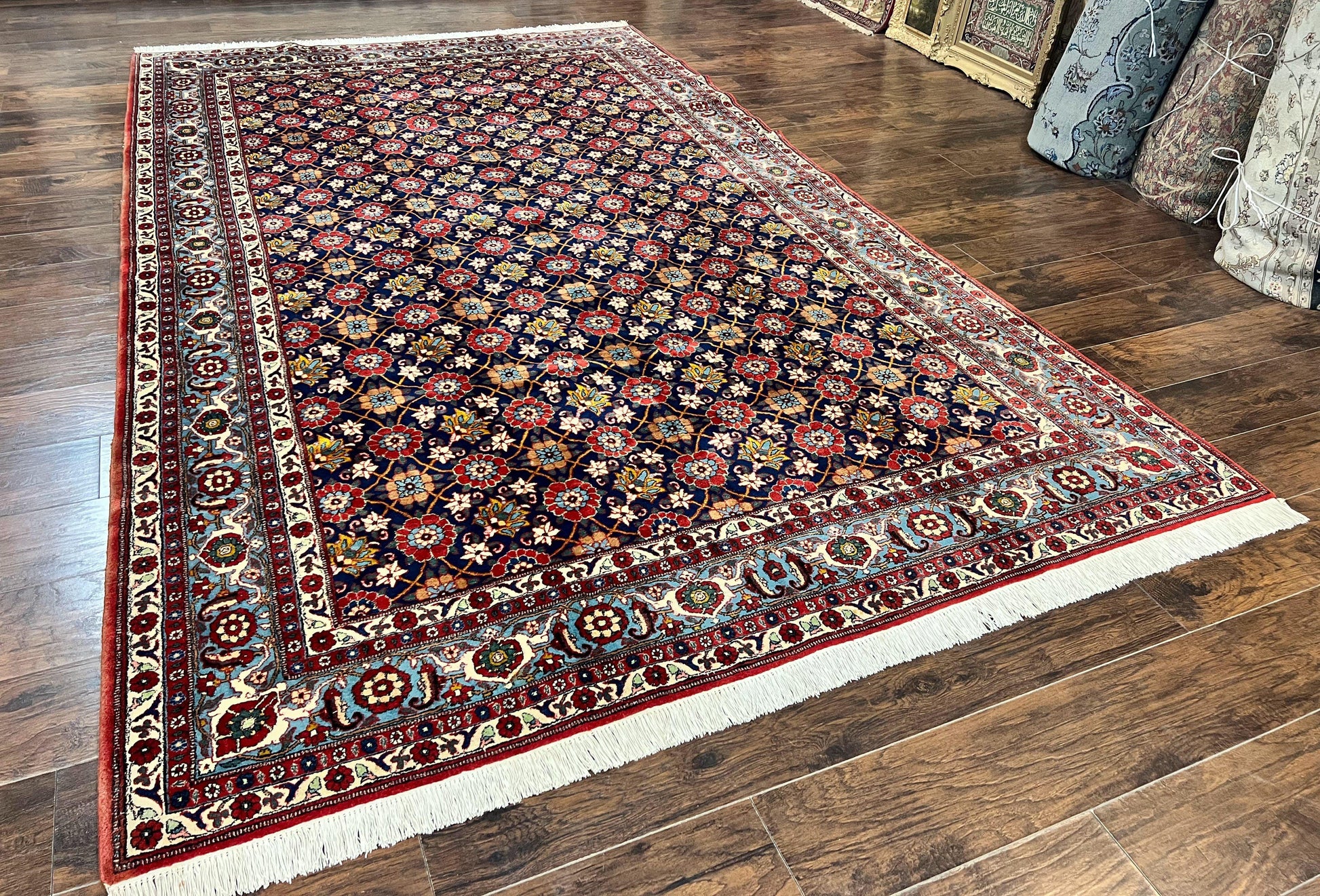 Persian Veramin Rug 7x11, Repeated Allover Pattern, Handmade Vintage Carpet, Navy Blue - Nuvé