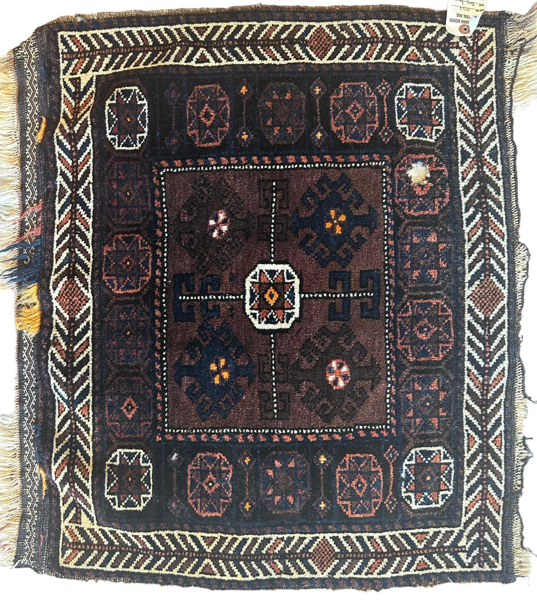 Distressed Hand Knotted Vintage Afghani Baluchi Wool Bag face 29” x 25” - Nuvé