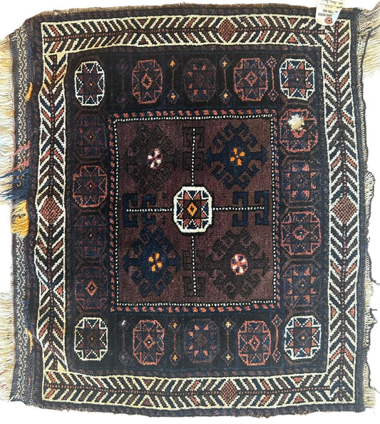 Distressed Hand Knotted Vintage Afghani Baluchi Wool Bag face 29” x 25” - Nuvé