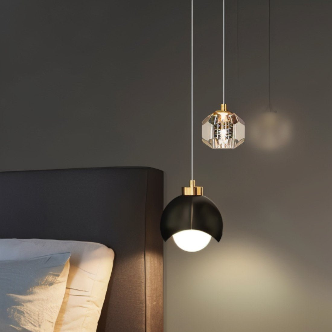 Residence Supply dual pendant light with two glass shades and black metal fixtures hanging from ceiling.
