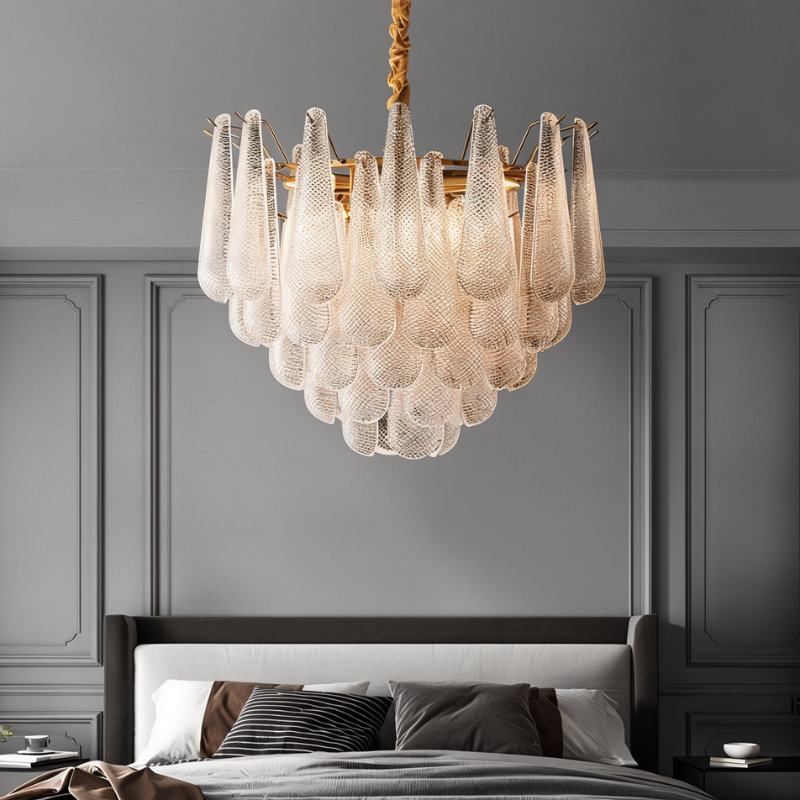 Elegant Duska Chandelier by Residence Supply with multiple glass shades and intricate metal frame, ideal for sophisticated lighting.
