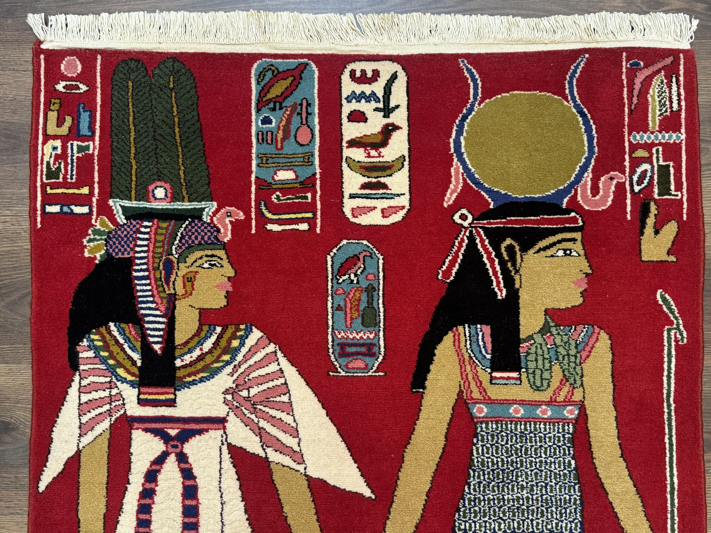 Egyptian Pictorial Rug 3x4, Hieroglyphic Pictorial Rug, Egyptian Prince and Princess, Cleopatra, Vintage Handmade, Red - Nuvé