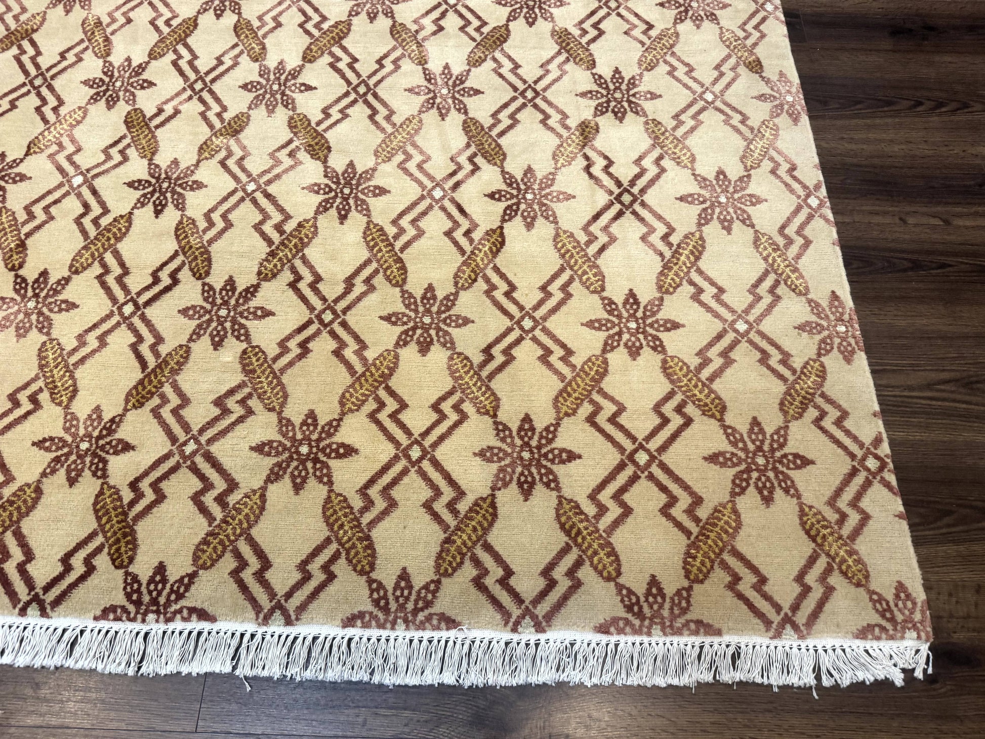 Tibetan Rug 8x10, Wool with Silk Highlights, Beige and Maroon, Contemporary Carpet - Nuvé