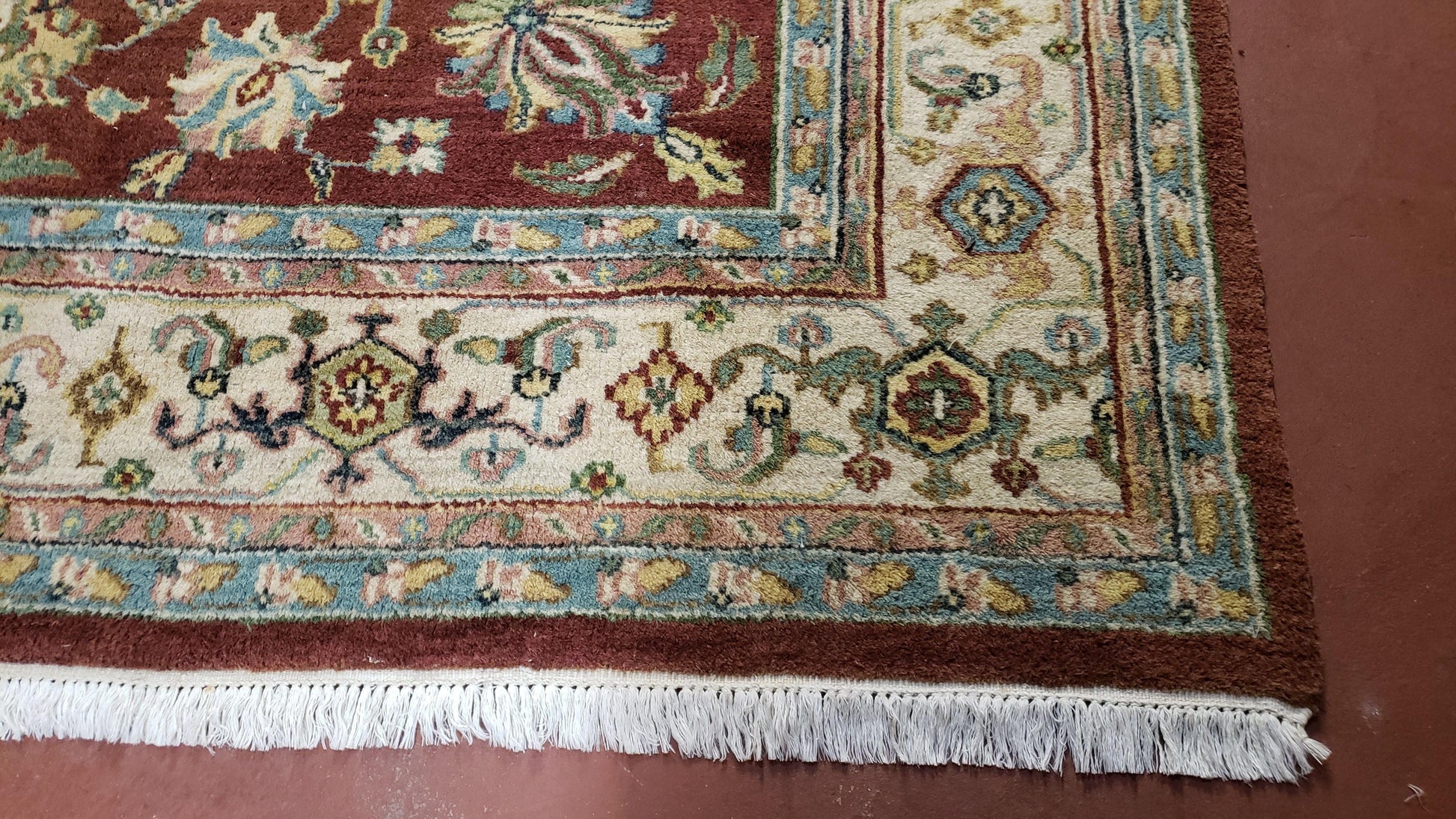 8x12 Indo-Mahal Rug, Floral Allover, Red & Beige, Wool Vintage Handmade Traditional Carpet - Nuvé