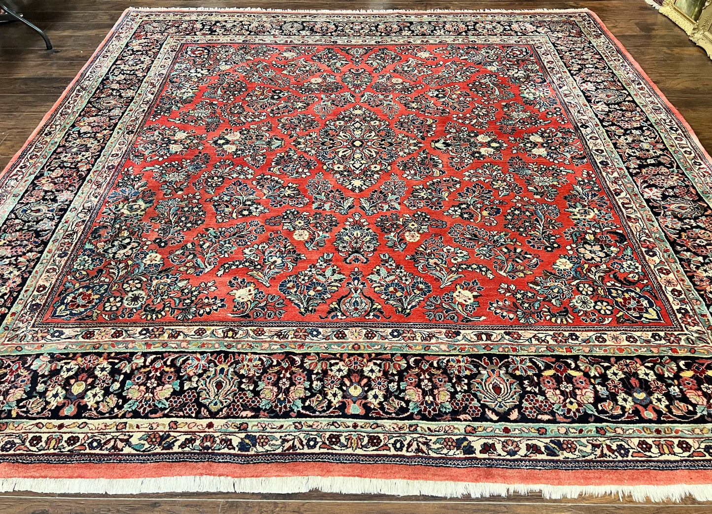 Square Persian Sarouk Rug 11x11 ft, Rare Size, Hand Knotted Wool Floral Allover Red Persian Carpet, Handmade Antique Rug - Nuvé