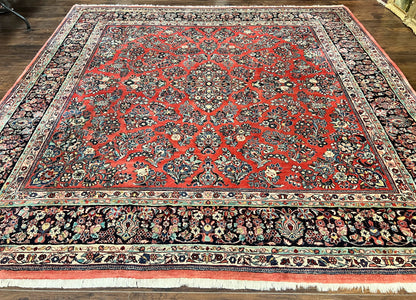 Square Persian Sarouk Rug 11x11 ft, Rare Size, Hand Knotted Wool Floral Allover Red Persian Carpet, Handmade Antique Rug - Nuvé