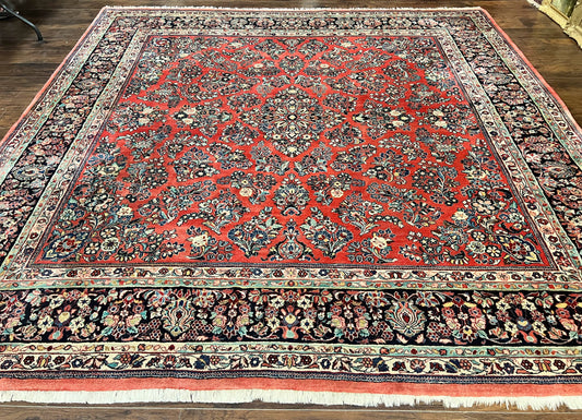 Square Persian Sarouk Rug 11x11 ft, Rare Size, Hand Knotted Wool Floral Allover Red Persian Carpet, Handmade Antique Rug - Nuvé