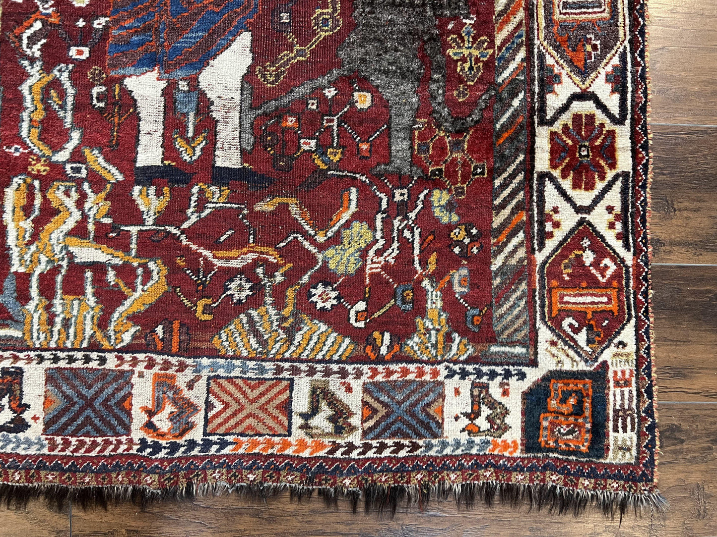 Antique Persian Shiraz Pictorial Rug 3.6 x 5, Persian Tribal Rug, Handmade, Lions, Highly Unique Collectible Small Persian Carpet, Maroon, Wool - Nuvé