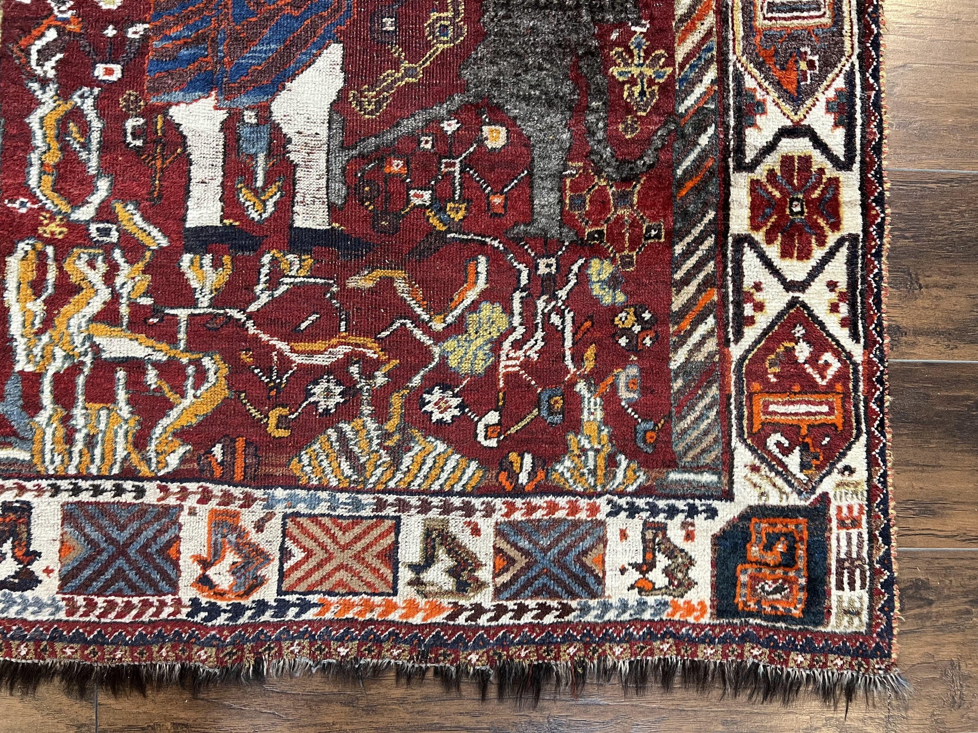 Antique Persian Shiraz Pictorial Rug 3.6 x 5, Persian Tribal Rug, Handmade, Lions, Highly Unique Collectible Small Persian Carpet, Maroon, Wool - Nuvé