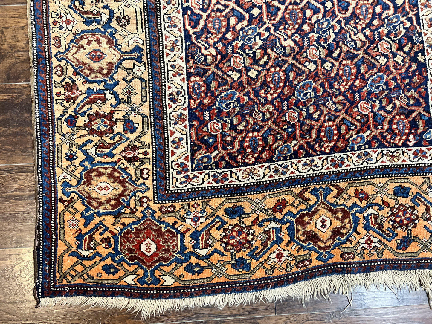 Persian Senneh Rug 4x8, Wool Hand Knotted Antique Kurdish Carpet, Navy Blue Oriental Area Rug, 4 x 8 Rug - Nuvé
