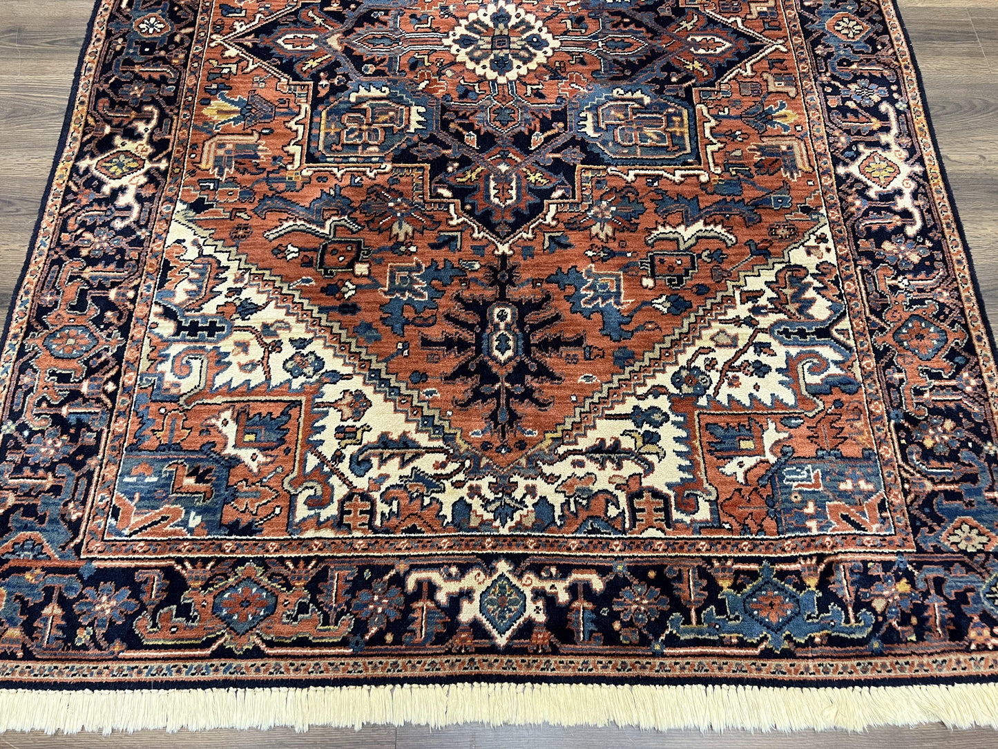 Heriz Rug 5.6 x 8, Geometric Medallion, Wool Oriental Carpet, Tribal Boho Rug, Red Navy Blue Cream, Belgium Power Loomed Rug, Medium Sized - Nuvé