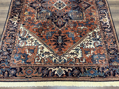 Heriz Rug 5.6 x 8, Geometric Medallion, Wool Oriental Carpet, Tribal Boho Rug, Red Navy Blue Cream, Belgium Power Loomed Rug, Medium Sized - Nuvé