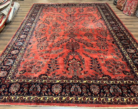 Indo Sarouk Rug 10x14, Vintage Indian Persian Area Rug 10 x 14, Wool Hand-Knotted Oriental Carpet, Red Floral Allover Large Rug, Beautiful - Nuvé