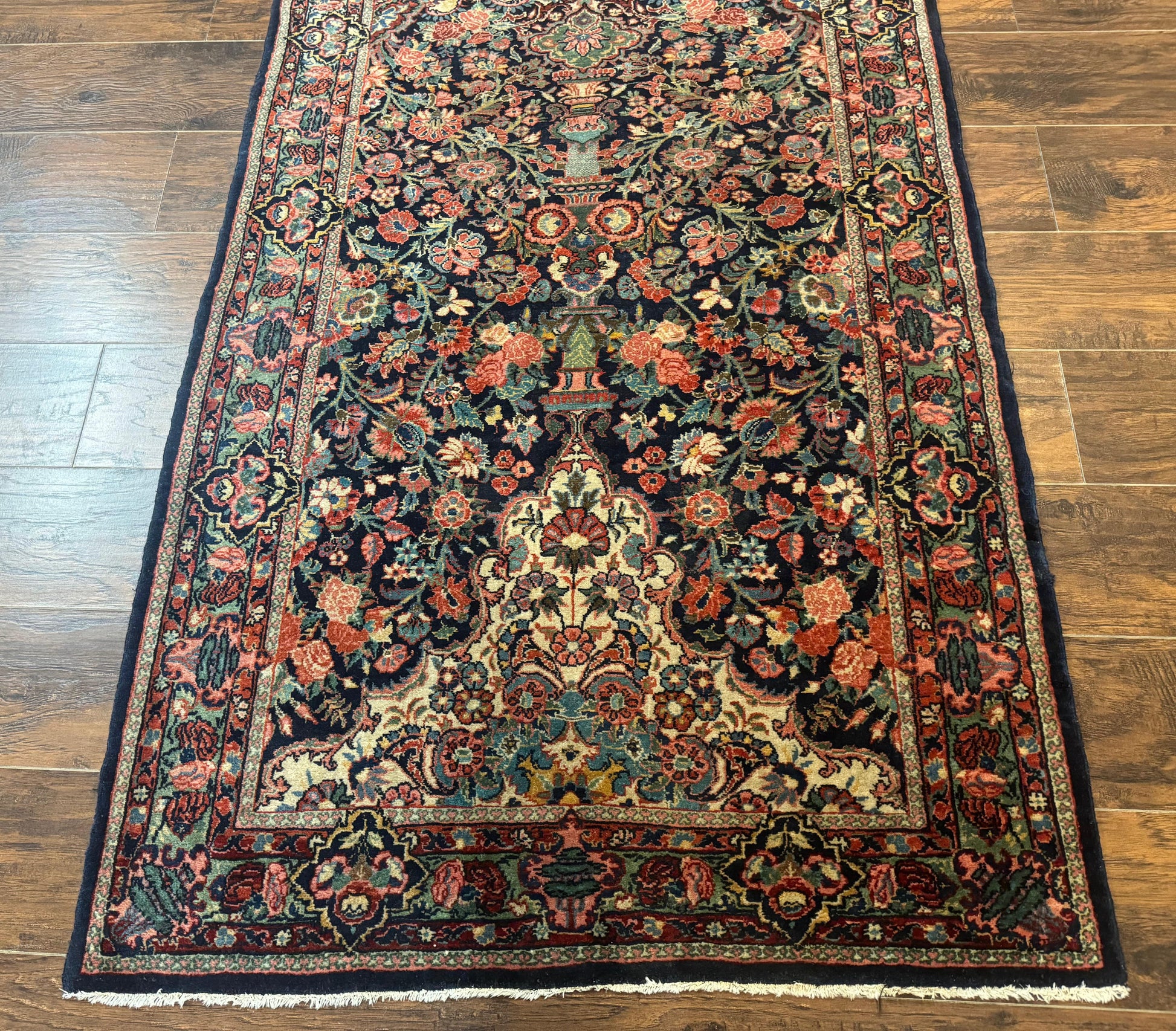 Antique Persian Rug 4x5, Navy Blue 1920s Carpet, Wool, Rare, Fine, Persian Hamadan Bidjar Carpet - Nuvé