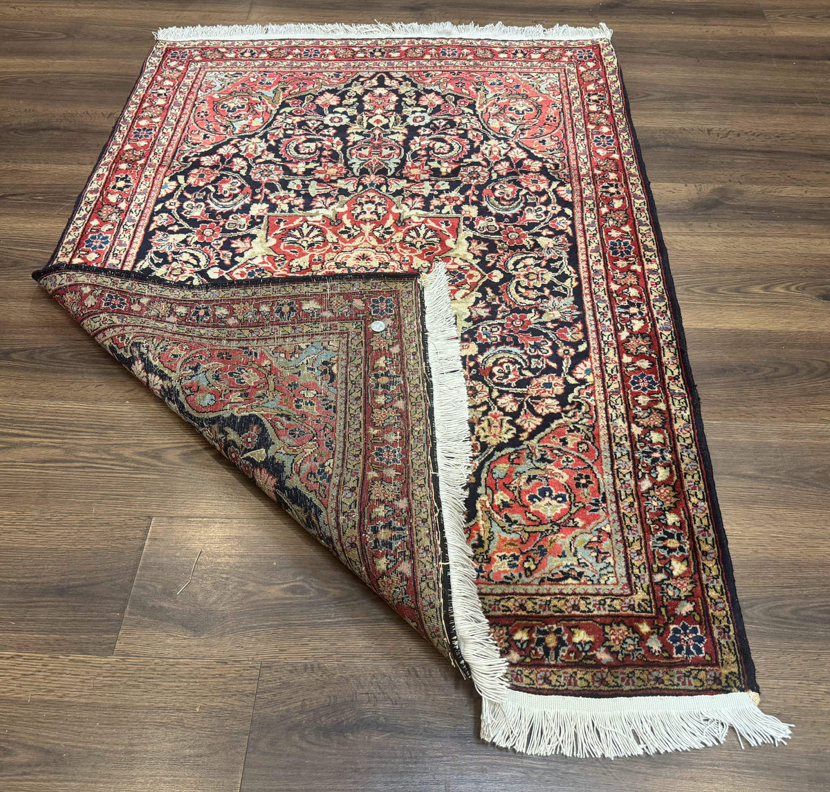 Antique Persian Sarouk Rug 4x5, Dark Blue and Red, Floral Medallion, Fine