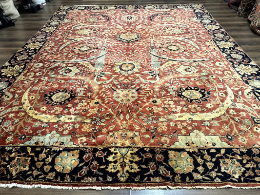 Indian Agra Rug 9x11, Terracotta and Navy Blue, Sickle Leaf Rug - Nuvé