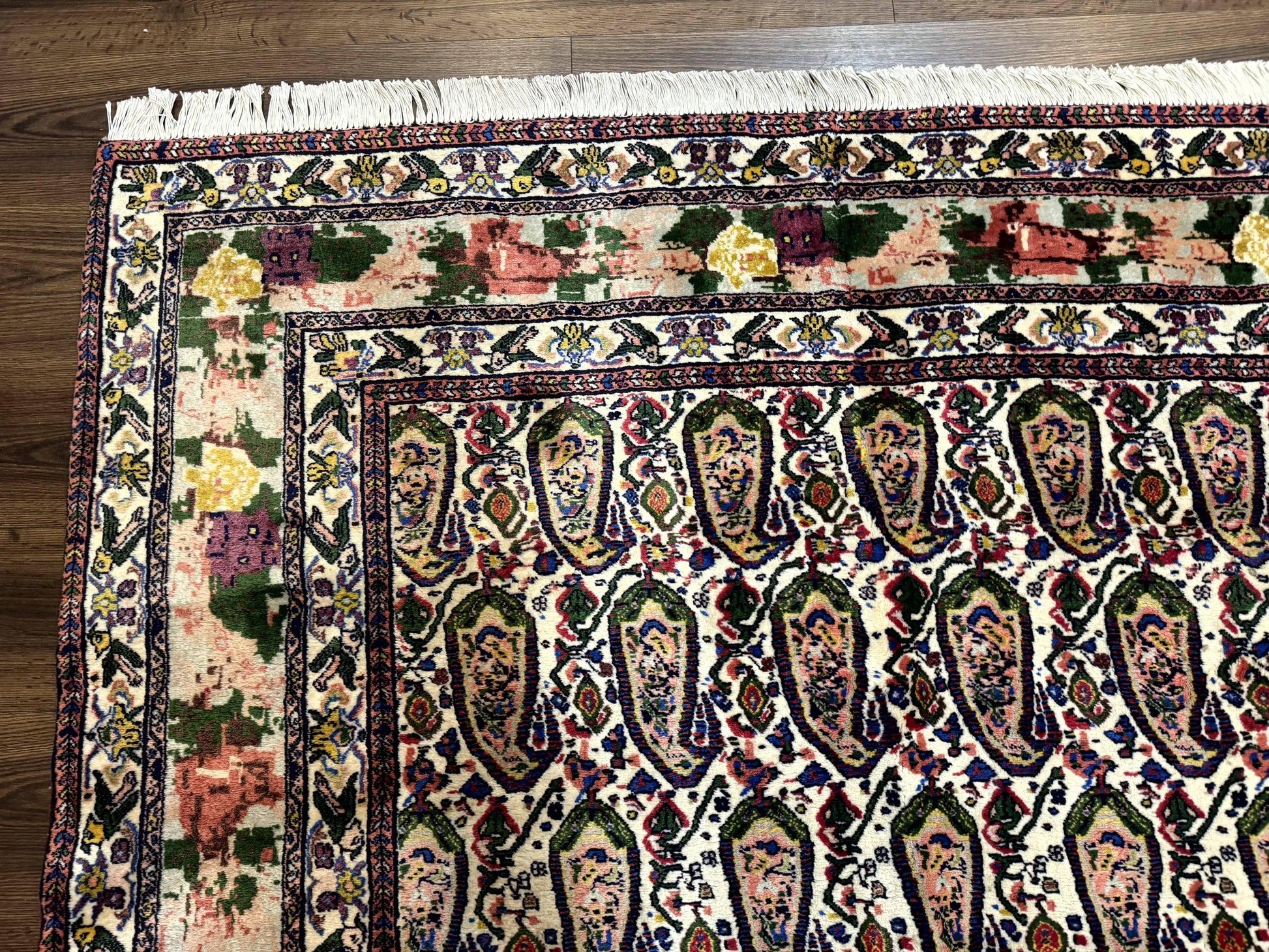 Persian Rug 8x11, Boteh Design, Repeated Paisleys, Persian Kurdish Rug, Bird Pictorials, Rare Antique Persian Kurdish Sannadaji Carpet - Nuvé