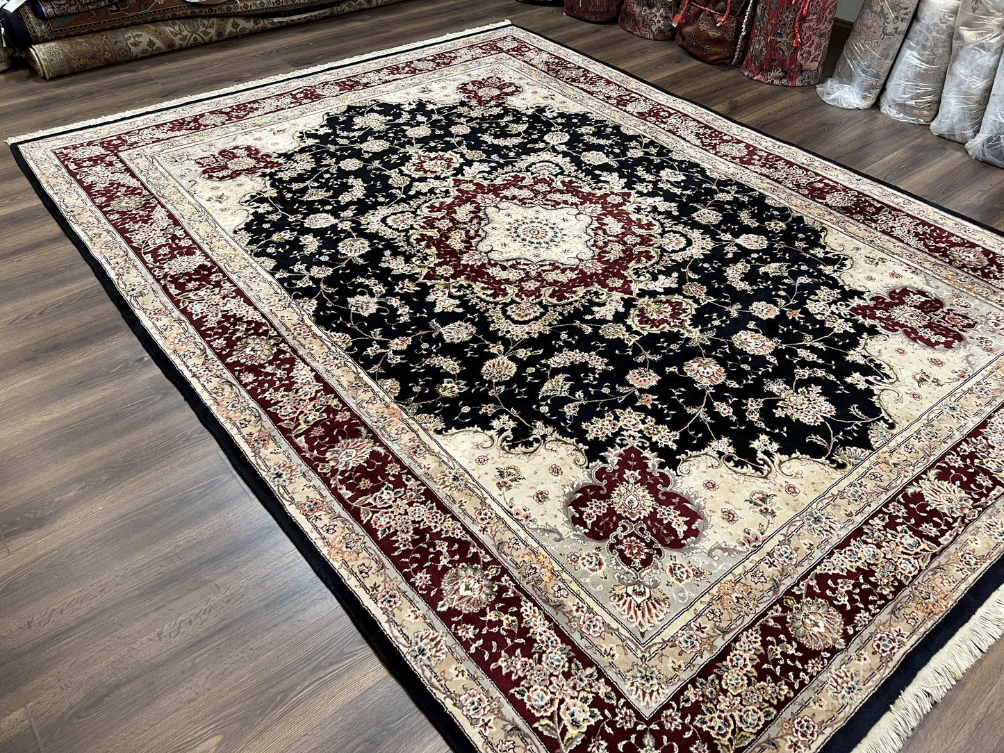 Pak Persian Rug 8.8 x 10.6, Floral Medallion, Wool and Silk Hand Knotted Fine Oriental Carpet, Elegant Rug, Black Gray Burgundy, Room Sized - Nuvé