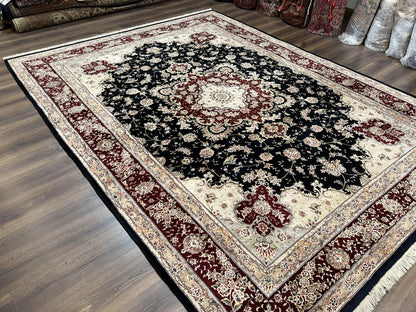 Pak Persian Rug 8.8 x 10.6, Floral Medallion, Wool and Silk Hand Knotted Fine Oriental Carpet, Elegant Rug, Black Gray Burgundy, Room Sized - Nuvé