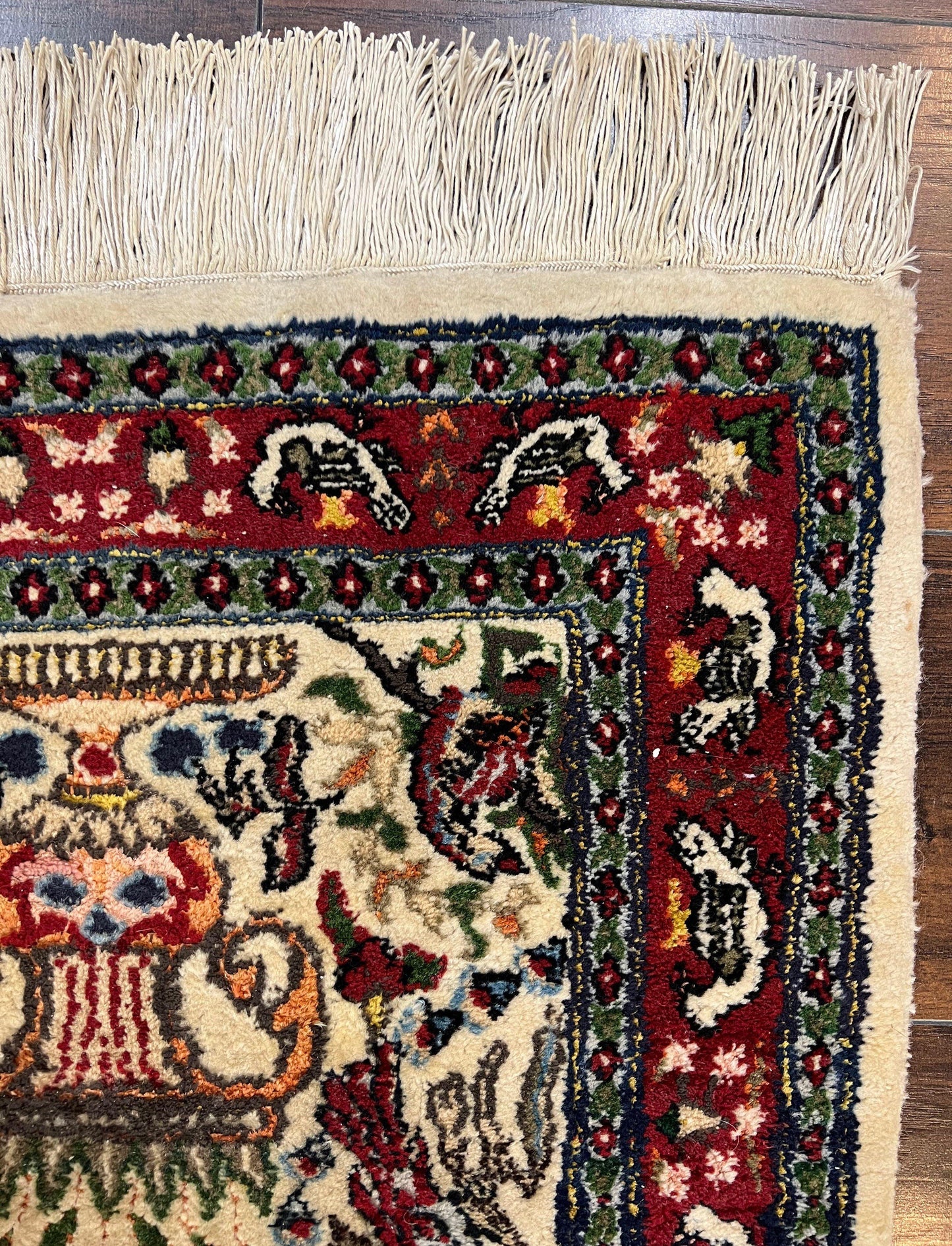 Small Indo Persian Rug 2x3 ft, Wool with Silk Highlights, Animal Pictorial Motifs Birds Vase Flowers, Cream and Maroon, Hand Knotted Fine - Nuvé