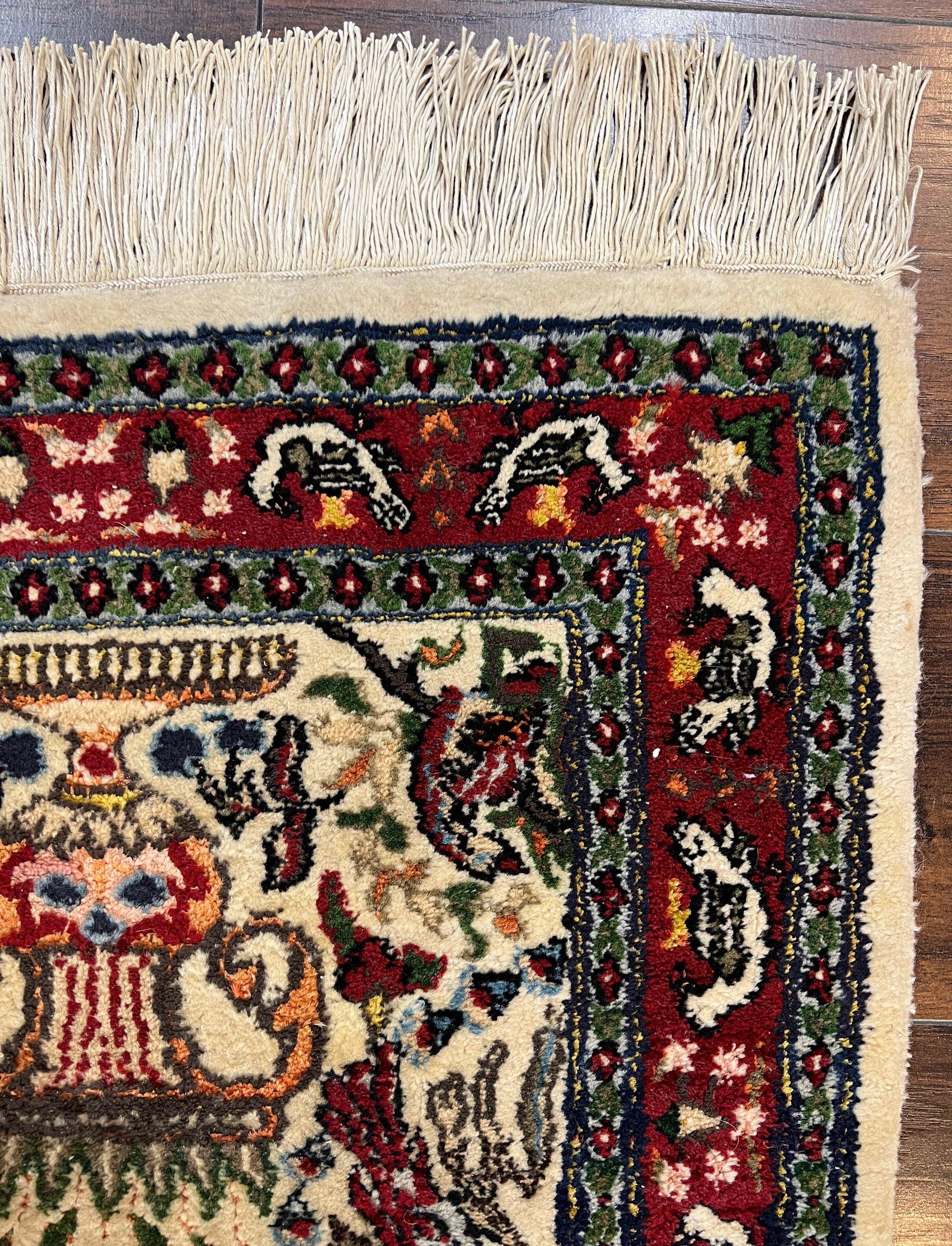 Small Indo Persian Rug 2x3 ft, Wool with Silk Highlights, Animal Pictorial Motifs Birds Vase Flowers, Cream and Maroon, Hand Knotted Fine - Nuvé