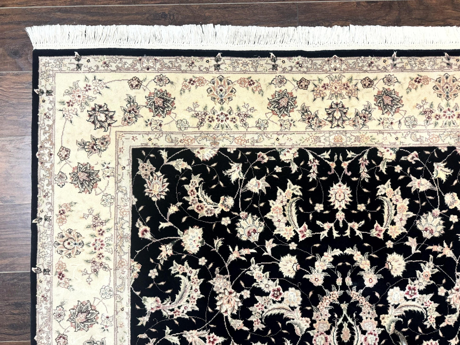 Sino Persian Rug 6x9, Black and Ivory, Wool and Silk Highlights, Handmade - Nuvé