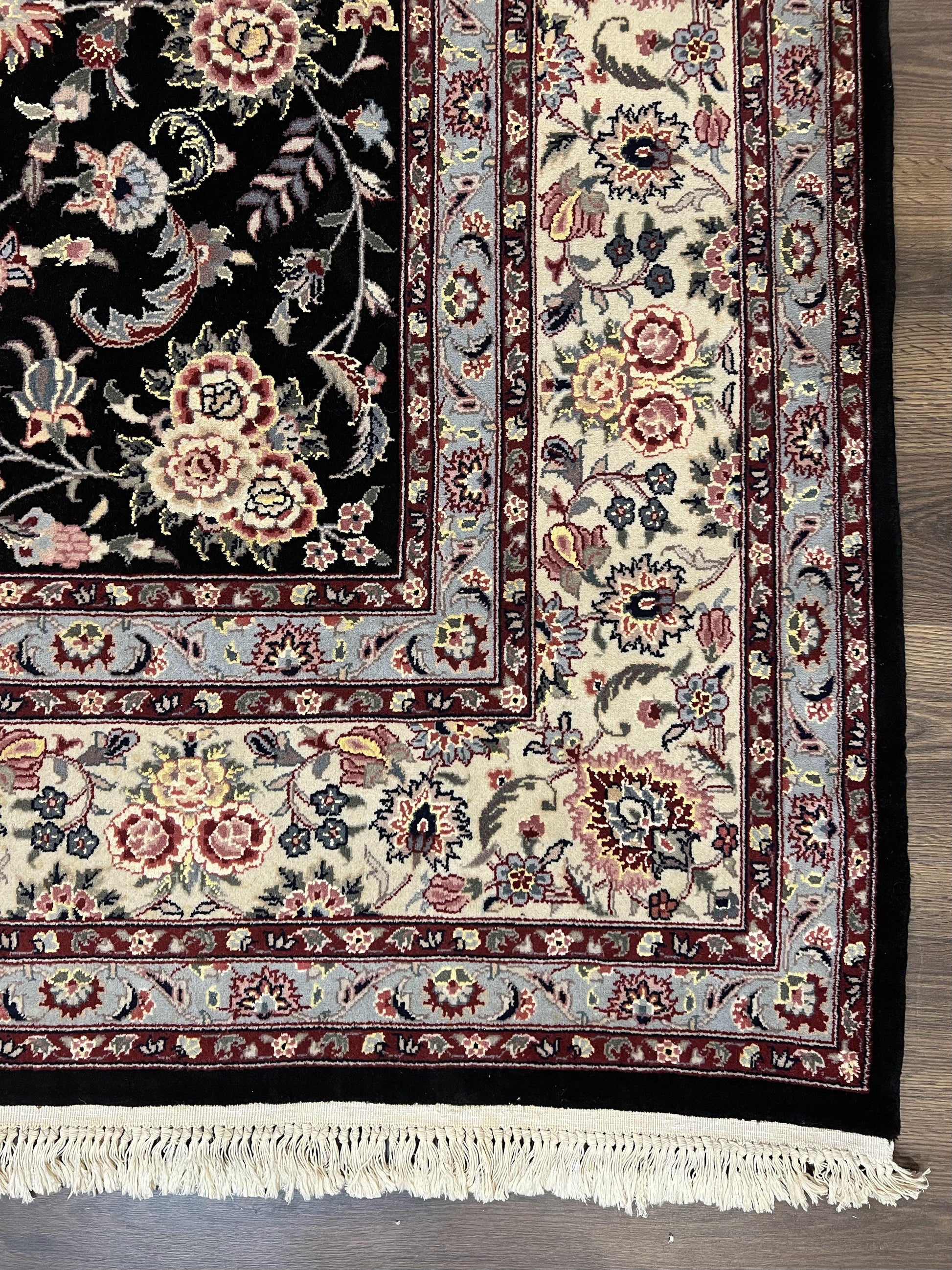 Pak Persian Rug 9x12, Floral Allover, Hand Knotted Oriental Carpet 9 x 12 ft, Black and Cream, Detailed, Wool with Silk Highlights, Vintage - Nuvé
