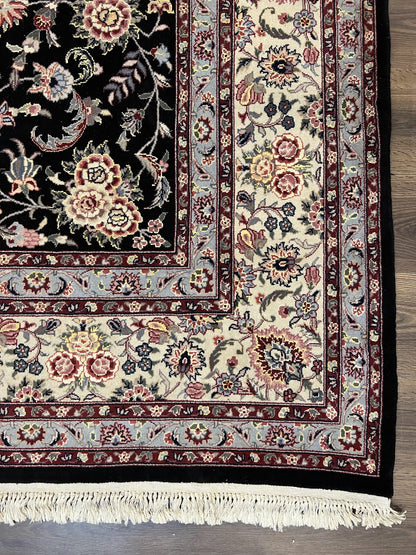 Pak Persian Rug 9x12, Floral Allover, Hand Knotted Oriental Carpet 9 x 12 ft, Black and Cream, Detailed, Wool with Silk Highlights, Vintage - Nuvé