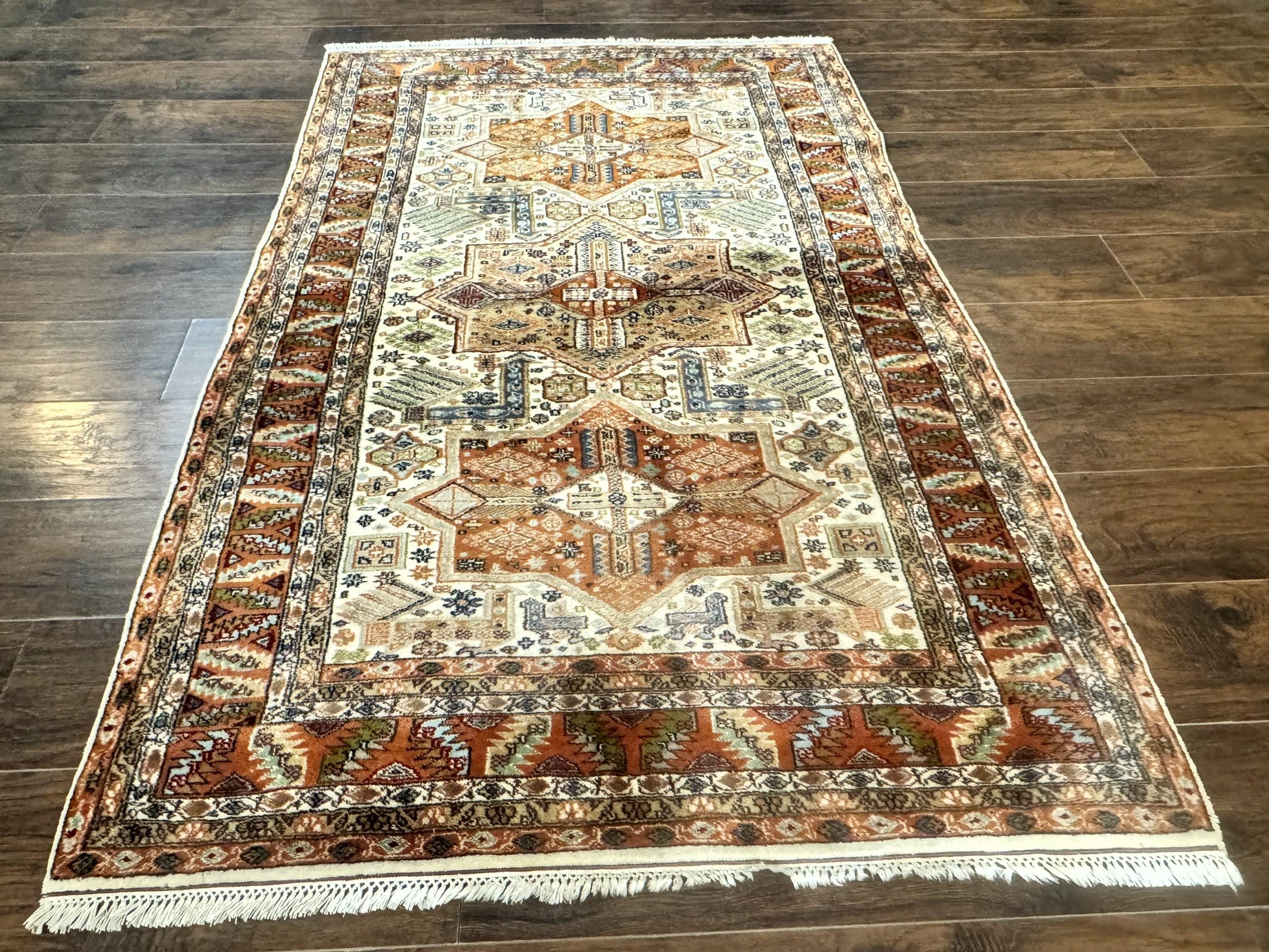 Turkish Kazak Rug 4x6, Geometric Medallions, Vintage Handmade Wool Carpet - Nuvé