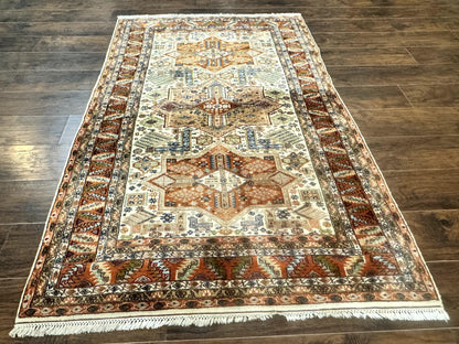 Turkish Kazak Rug 4x6, Geometric Medallions, Vintage Handmade Wool Carpet - Nuvé