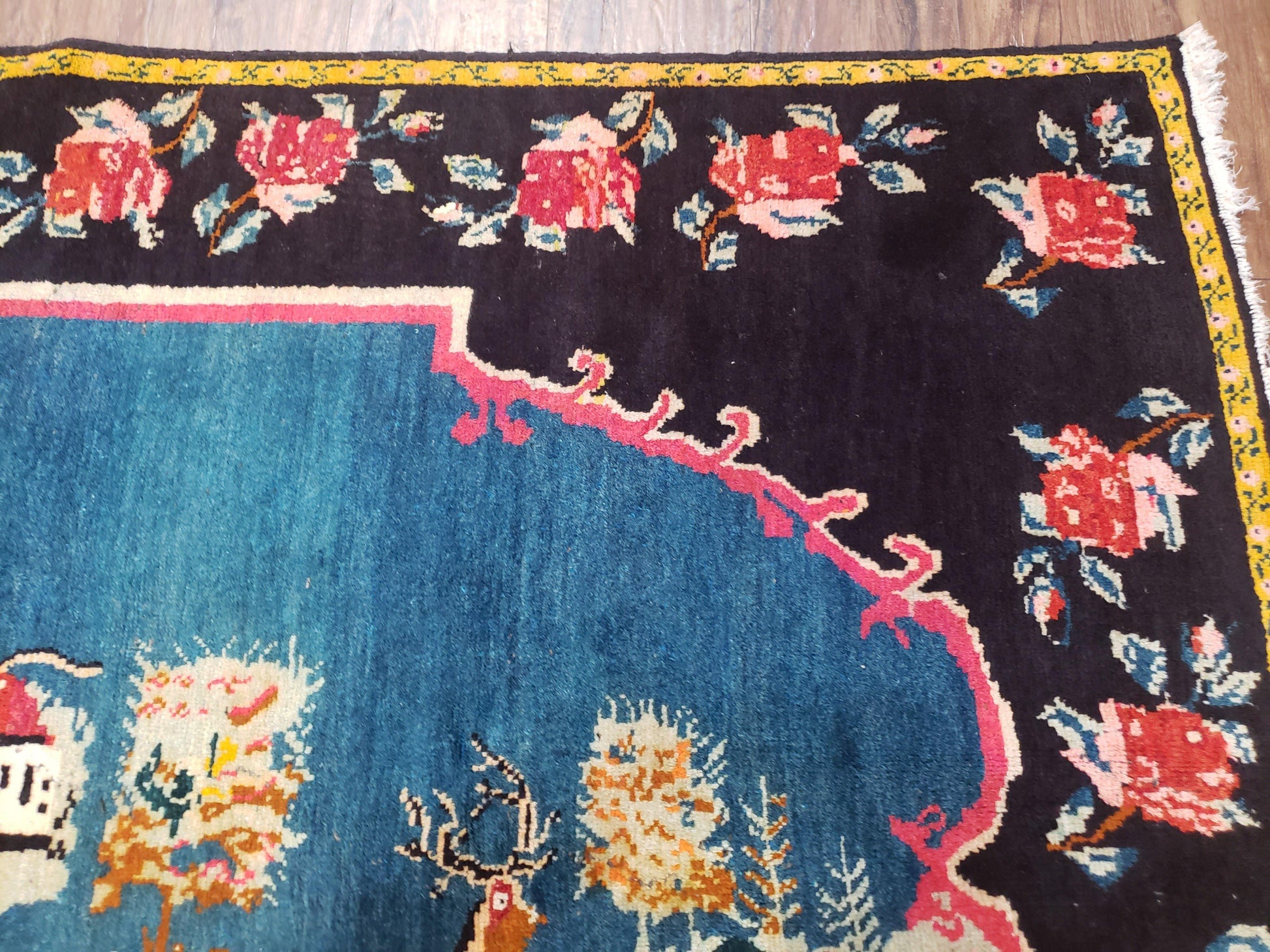 Antique Persian Pictorial Rug 4'6" x 9', Wool Hand-Knotted Blue Roses Karabagh Caucasian Carpet, 1920s Girl Deer Tapestry Wall Hanging Rug - Nuvé